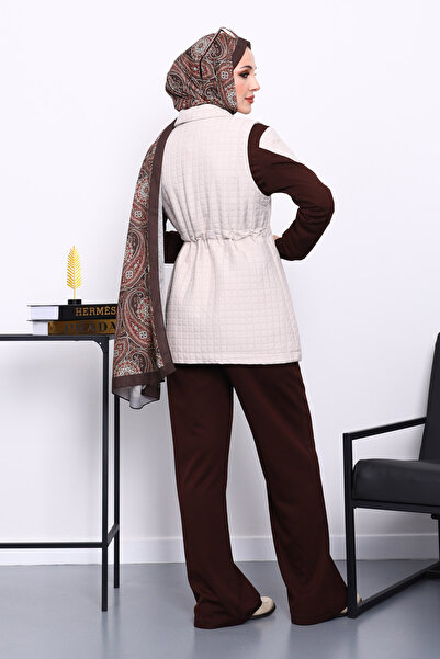 İmajButik Καφέ Καπιτονέ σετ κοστούμι με γιλέκο Σετ Παντελόνι Τουνίκ