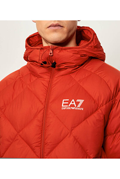 EA7 Men's Quilted Hooded Water Repellent and Breathable Fabric Duck down Filled Red Jacket 7m00