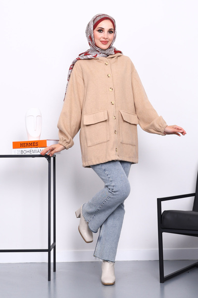 İmajButik Mink Hooded Button Thin Cashmere Jacket