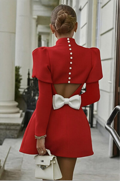 Monapera Yarım Balıkçı Yaka Uzun Kollu Sırt Dekolteli Düğme Ve Fiyonk Detay Tasarım Mini Elbise