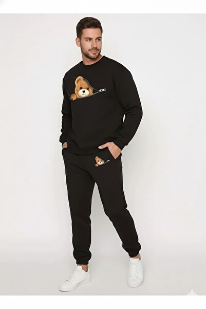 WOODROFFE Γυναικείο σετ αθλητικών φούτερ με φερμουάρ με λαιμόκοψη και στάμπα με αρκουδάκι στο κάτω μέρος, γκρι μαύρο