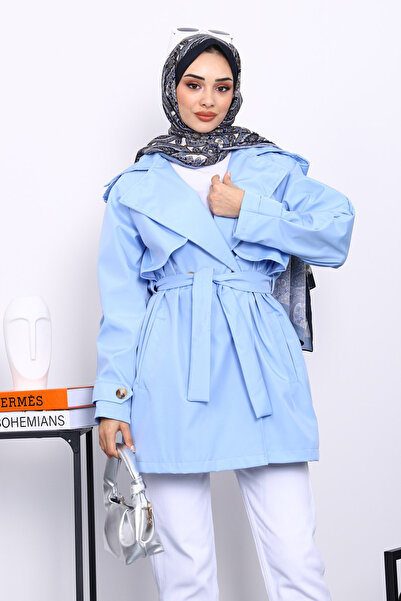 İmajButik Μπλε μωρό διπλό πέτο τριμπλότερα παλτό με επένδυση για τον λαιμό