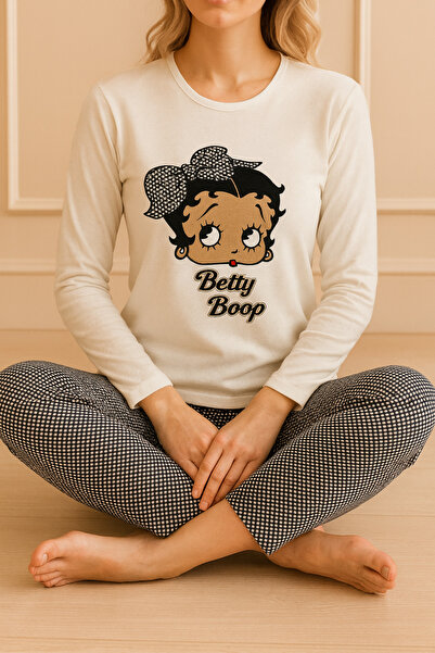 Niket Life Women's Betty Boop Printed and Six Patterned with Slogan Crew Neck Long Sleeve Six Long Combed Cotton Pajama t