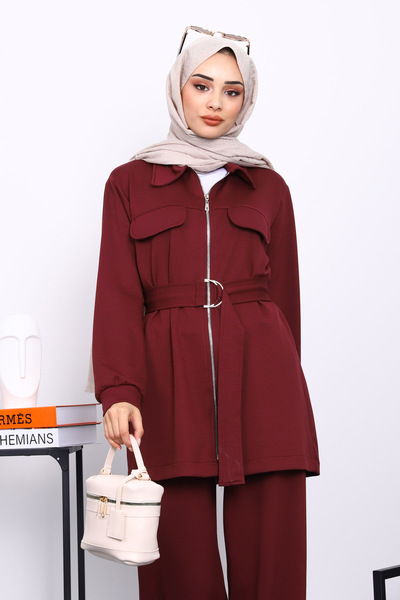 İmajButik Burgundy Pocketed Waist Belted Modal Suit
