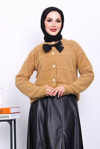 İmajButik Μπισκότο Φιόγκος Λεπτομερής Ανγκόρα Μαλακό Πλεκτό Ζακέτα