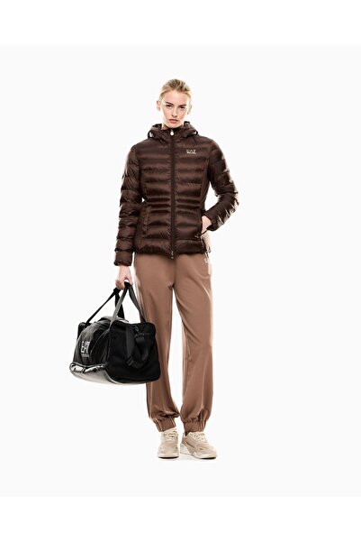 EA7 Men's Hooded Collar Long Sleeve Zippered Brown Coat 7W000684 Af12475-U6063