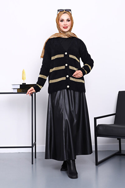 İmajButik Black V-Neck Angora Soft Cardigan