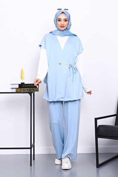 İmajButik Bebe Blue Vest Set Tunic Pants Triple Set