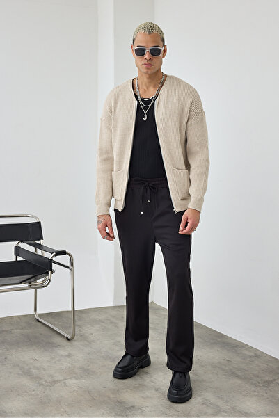 MADZEYMODA Premium Men's Zippered Stone Beige Knitwear Cardigan Ls-62003