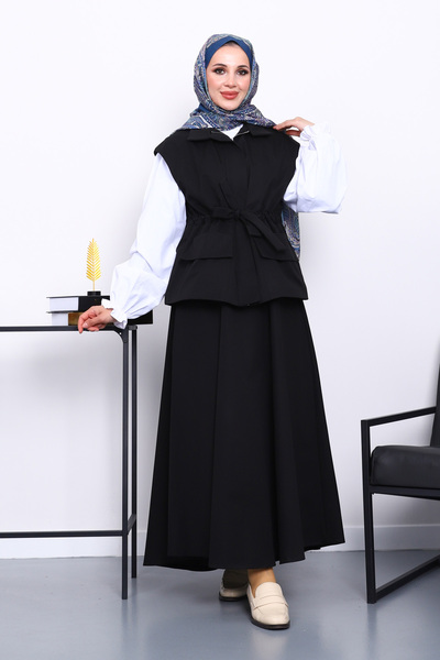 İmajButik Black Pocket Vest and Skirt Bondit Set