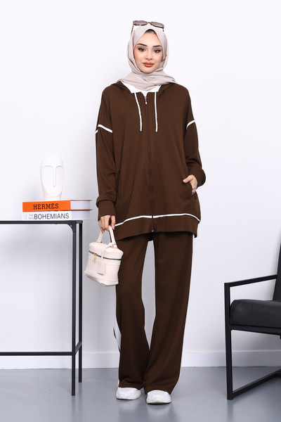 İmajButik Καφέ Σετ με κουκούλα συνδυασμός υφασμάτων Modal