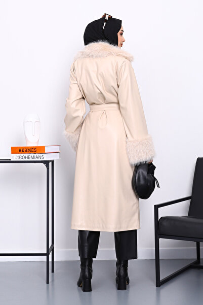 İmajButik Beige Fur Collar Leather Trench Coat