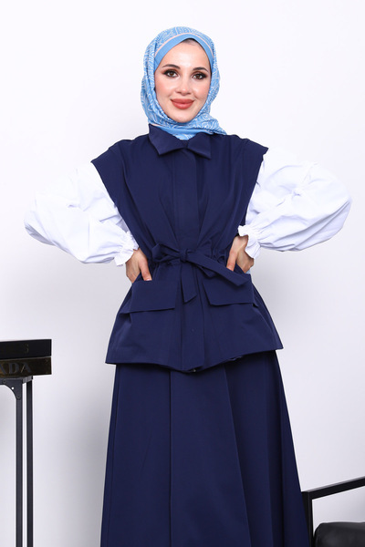 İmajButik Navy Blue Pocket Vest and Skirt Bondit Set