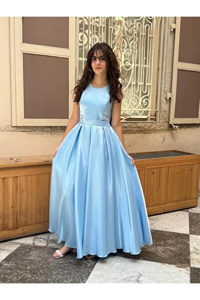 BUTİKHAPPYKİDS Rochie de seara pentru fete, albastru bebelus, satin stralucit...