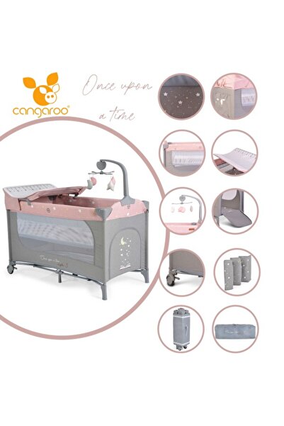 Cangaroo Patut pliabil cu doua niveluri Once Upon a time 3 Roz, carusel muzical si masuta de infasat