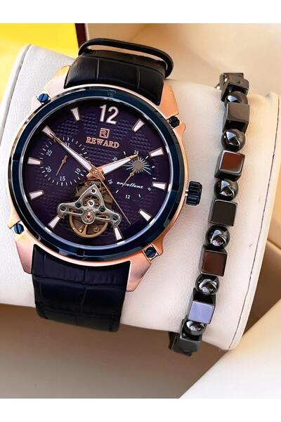 Reward ساعة يد رجالية أوتوماتيكية بسوار جلدي مقاومة للماء حتى 5 ضغط جوي VS.BLKT.0637