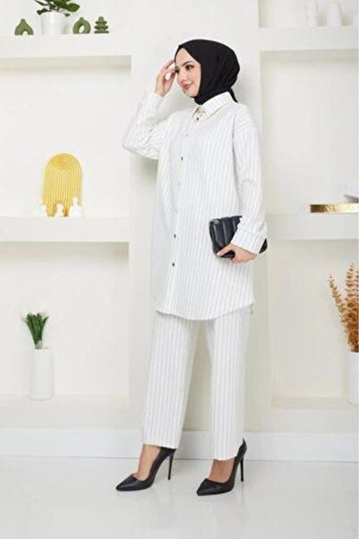 Tesettür Diyarı Ριγέ Κρεπ Υφασμάτινο Σετ Χιτζάμπ - Λευκό