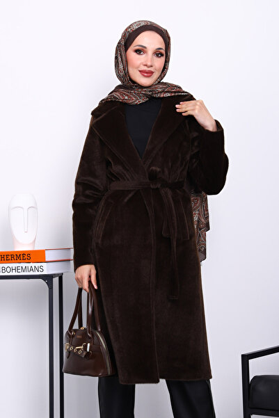 İmajButik Καφέ παλτό Angora με διπλό πέτο τσέπες στο γιακά