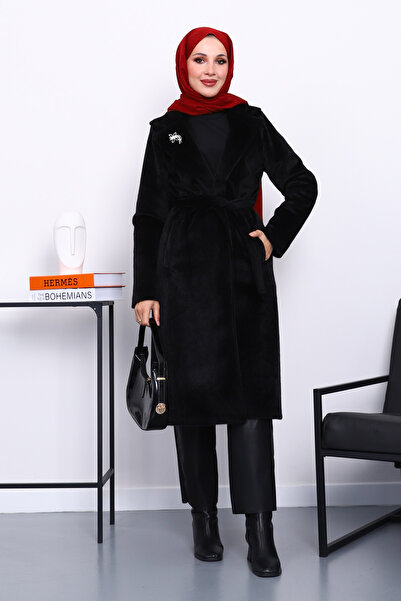 İmajButik Black Double-Breasted Angora Cashmere Coat with Collar Pockets