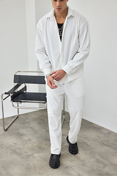 MADZEYMODA Premium Men's Ecru Comfortable Fit Velvet Shirt & Pants Bottom Top Set Ls-19533