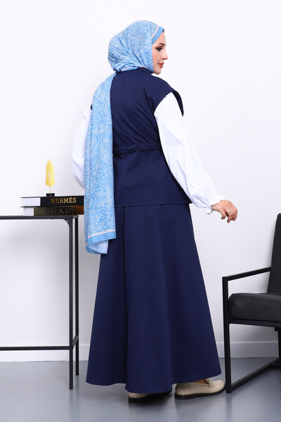 İmajButik Navy Blue Pocket Vest and Skirt Bondit Set