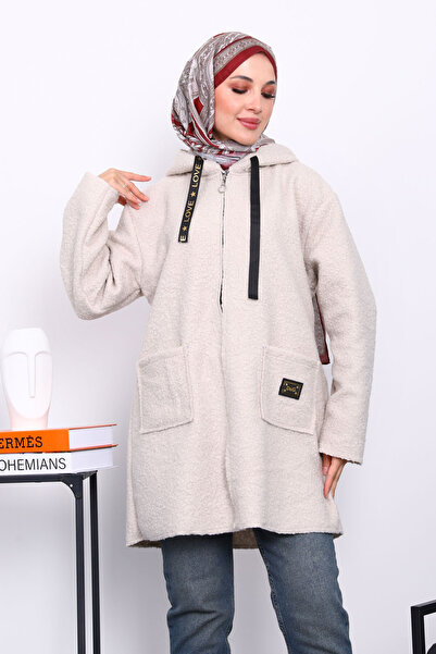 İmajButik Πέτρινο παλτό με κουκούλα και τσέπες