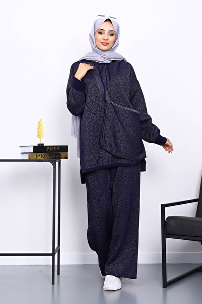 İmajButik طقم تريكو مع حقيبة باللون الأزرق الداكن وبنطلون تونيك لامع