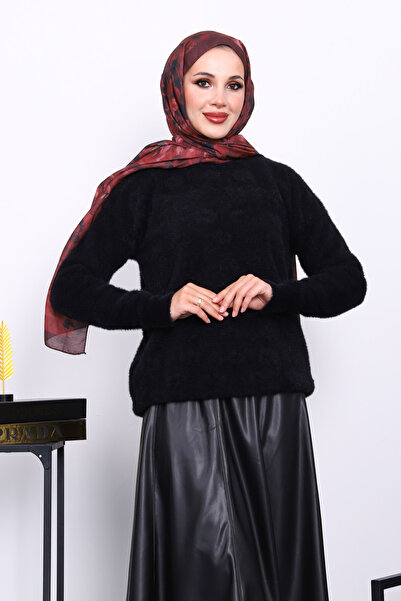 İmajButik Black Crew Neck Angora Soft Knit Sweater