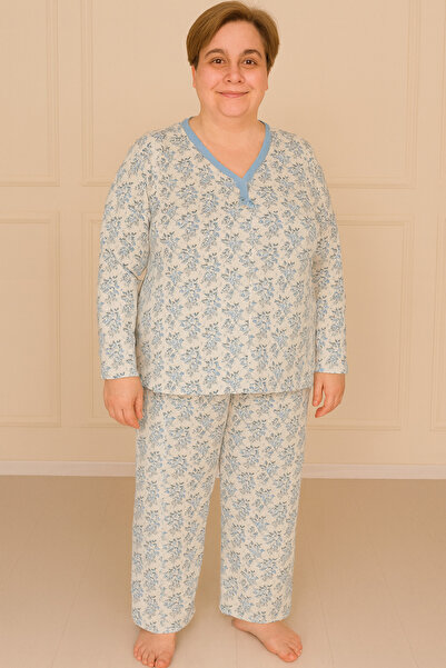 Niket Life Women's Patterned Piping Collar Long Sleeve Long Length Combed Cotton Mother Pajama Set