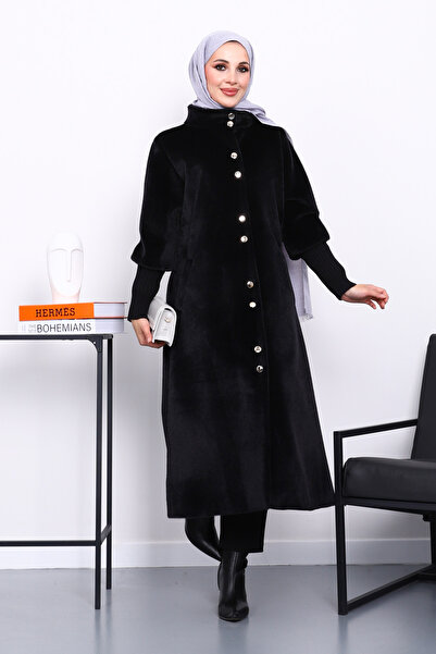 İmajButik Black Buttoned Angora Coat