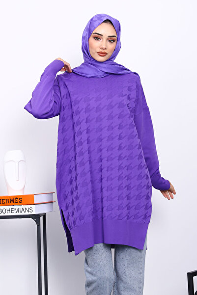 İmajButik Purple Houndstooth Patterned Cold Yarn Knitwear Tunic