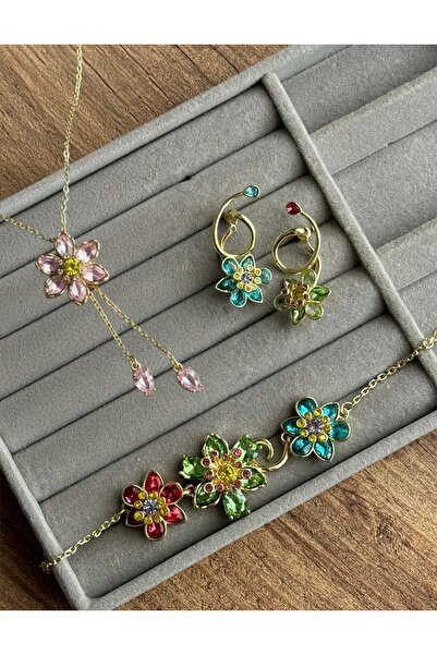 Beloria Idyllia Kolye Küpe Bileklik Pembe Set