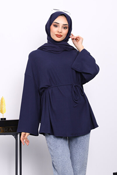 İmajButik Navy Blue Crew Neck Waist Belted Tunic