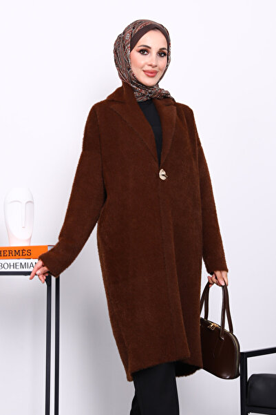 İmajButik Brown Single Button Angora Soft Knit Cardigan