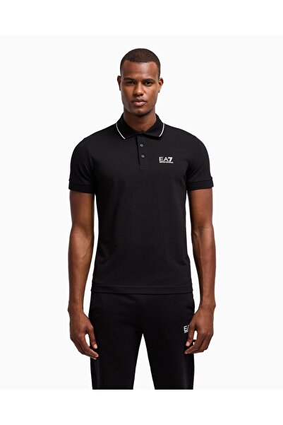 EA7 Men's Woven Fabric Short Sleeve Solid Model Black Polo Neck T-Shirt 8Npf16 Pjvuz-1200