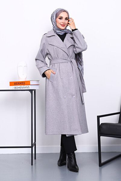 İmajButik Gray Double-Breasted Collar Belted Cashmere Coat