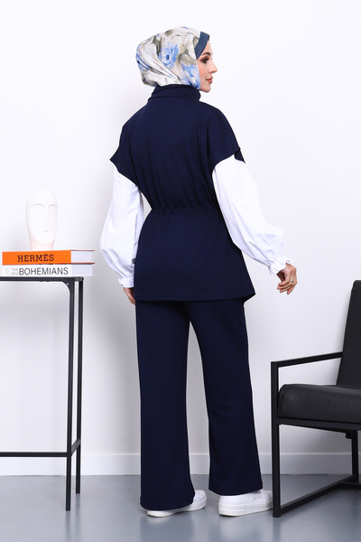 İmajButik Navy Blue Zippered Vest and Pants Modal Set