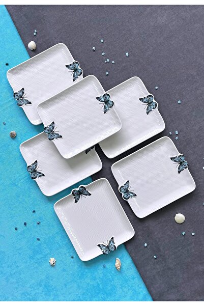 Erbaşlar Lüx Rölyefli Kelebek 6 Parça Kare Pasta Tabağı Seti , PASTA TABAĞI ( 21x18 CM)