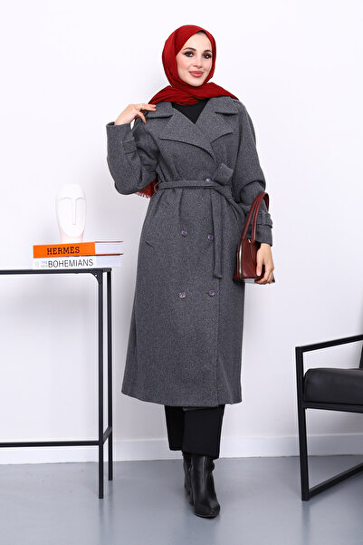 İmajButik Smoked Double-Breasted Collar Belted Cashmere Coat