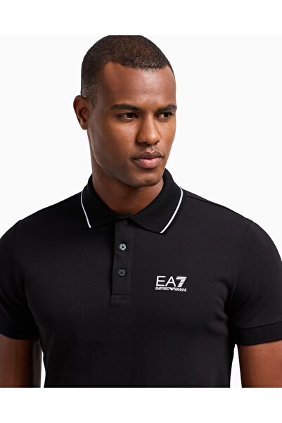 EA7 Men's Woven Fabric Short Sleeve Solid Model Black Polo Neck T-Shirt 8Npf16 Pjvuz-1200