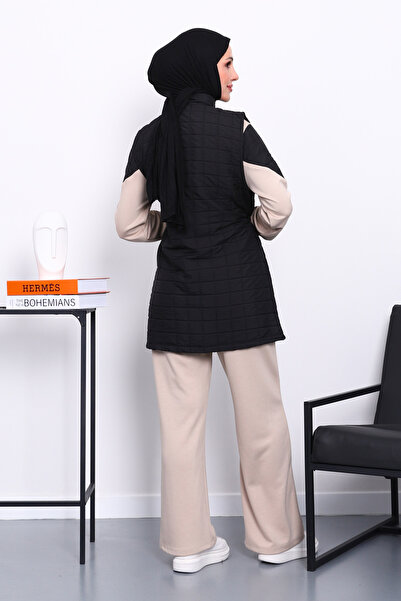 İmajButik Μαύρο καπιτονέ γιλέκο τριπλό σετ με παντελόνι