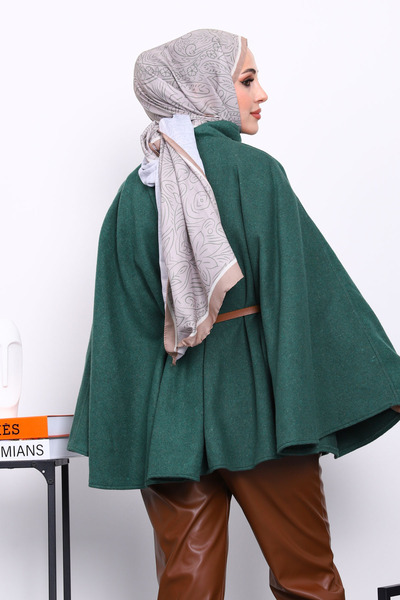 İmajButik Πόντσο με σμαραγδένιο πράσινο γιακά και ζώνη μέσης