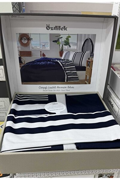 Özdilek 100% Cotton Single Duvet Cover Set (3 Pieces) Limited Stock - White/Navy Blue