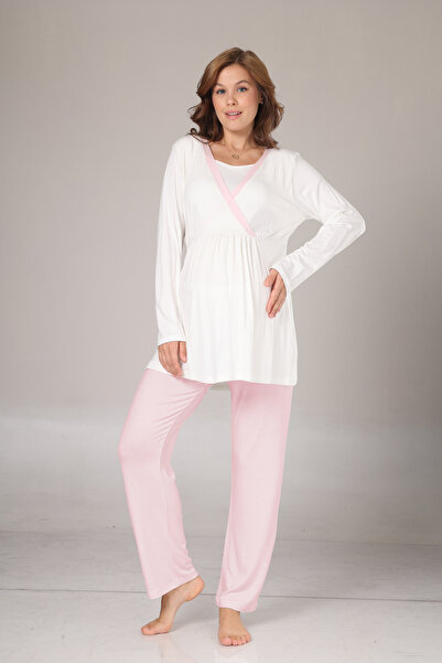 Lohusa Homewear Kadın Pudra Kışlık Özel Tasarım Lohusa Hamile Sabahlık Pijama Takımı 3'lü Set