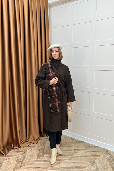 Stilife Дюру Премиум плат шал детайл палто кафяво