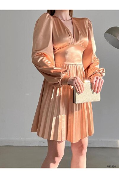 Modafeminen V-Neck Satin, Pleated Skirt Detail Mini Dress 582264 Taba