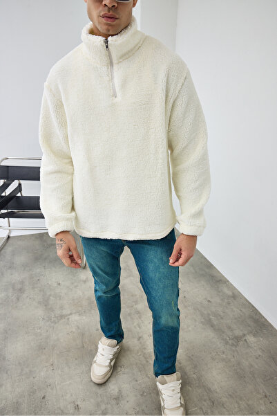 MADZEYMODA Premium Men's Mock Neck Half Zippered Ecru Plush Sweatshirt Ls-86081