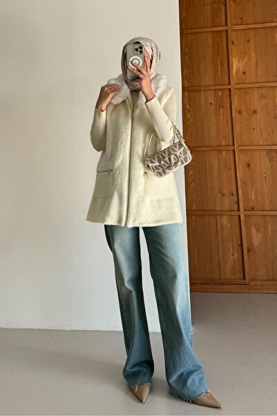 Rimel Moda Italian Collared Plush Angora Ecru