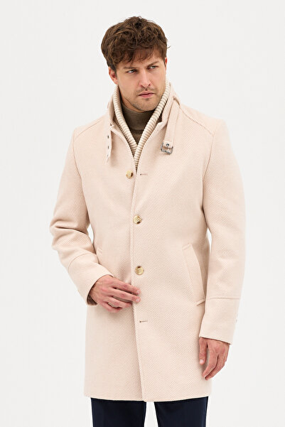 Frappoli Maxi Men's Beige Cashmere Thick Coat Overcoat with Ribbed Collar Standard Fit