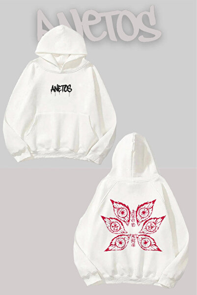 Anetos Demon Slayer Kokushibo Spate cu imprimeu Alb cu glugă Swea tricou